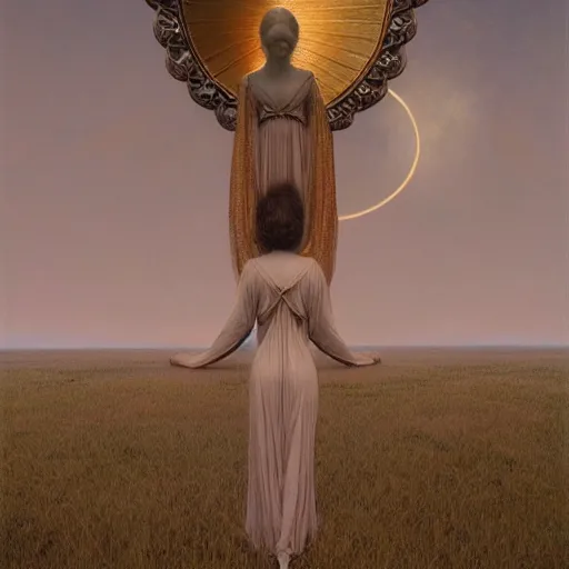 Prompt: Woman masterpiece, golden halo behind her head, by Edgar Maxence and Ross Tran, Zdzisław Beksiński, and Michael Whelan, distant, gustav dore, H.R. Giger, 8k, octane render