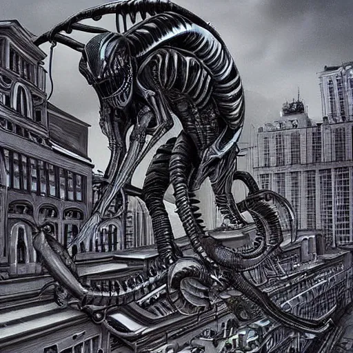 Image similar to Xenomorphs taking over Moscow by Kentaro Miura