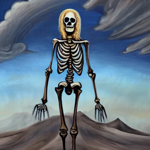 Image similar to a detailed painting of Jesus Christ skeleton standing with a background of apocalypse on earth