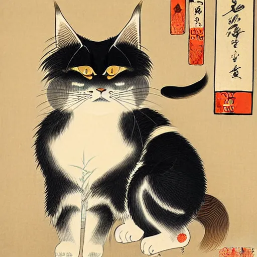 Image similar to beautiful portrait ukiyo - e painting of an ginger maine coon by kano hideyori, kano tan'yu, kaigetsudo ando, miyagawa choshun, okumura masanobu, kitagawa utamaro