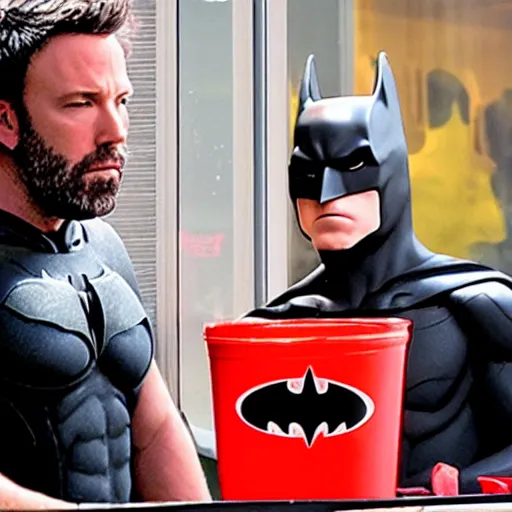 Image similar to A photo of Ben Affleck's Batman eating at KFC. Extremely detailed. 4K