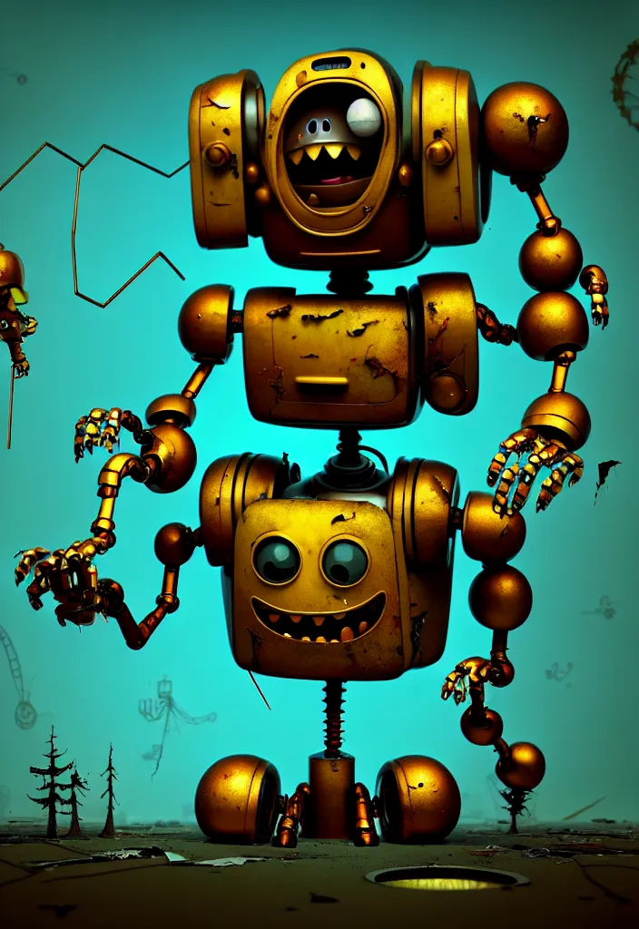 Image similar to , grotesque despair cute monster smooth paneling, golden robotic chest, with damaged rusty arms, broken antenna, recycled, floating, dystopia, oil, mechanical, toy, ambient light, in the style of pixar animation, pokedstudios, blender, octane render, 8 k, gediminas pranckevicius