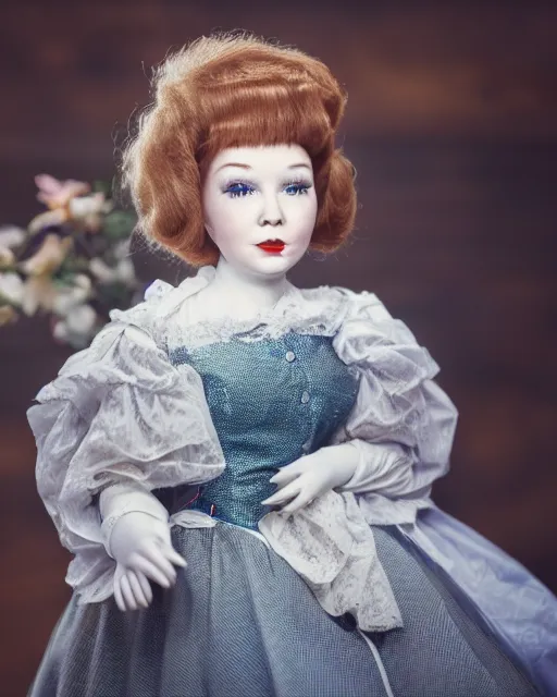 Image similar to high quality presentation photo of young Shirley MacLaine as a porcelain doll, photography 4k, f1.8 anamorphic, bokeh, 4k, Canon, Nikon