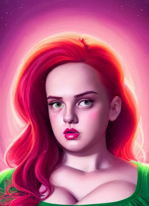 Image similar to full body portrait of teenage cheryl blossom, obese, bangs, green eyes, sultry expression, red hair, sultry smirk, bangs and wavy hair, pink skirt, fat, intricate, elegant, glowing lights, highly detailed, digital painting, artstation, concept art, smooth, sharp focus, illustration, art by wlop, mars ravelo and greg rutkowski