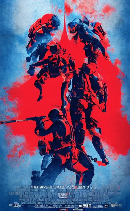 Prompt: a mindblowing, epic movie poster, depicting a war between red and blue, cinnematic
