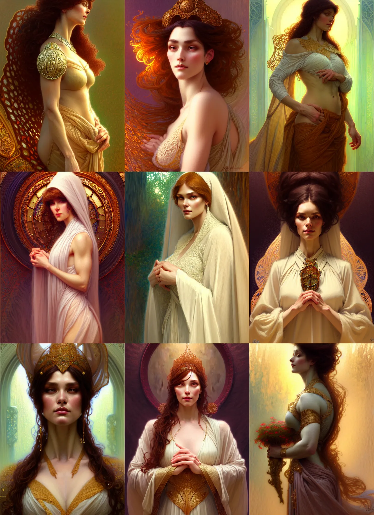 Image similar to character concept portrait of me as modest wife blessed by god to grow ever more intelligent beautiful voluminous muscular tall and virtuous. modestly clothed, intricate, elegant, highly detailed, digital painting, artstation, concept art, symmetry, smooth, sharp focus, illustration, art by gaston bussiere and alphone mucha