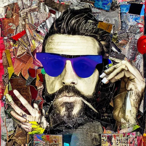 Prompt: detailed analogue mixed media collage with canvas texture in style of contemporary art, punk art, hyperrealistic 3 9 - year - old french bearded long - haired yoga punk singer wearing sunglasses, commercial model and actor. photorealistic, expressionism, masterpiece, perfect composition, spectacular quality, intricate oil details, vivid broken glass, torn paper, magazine pages