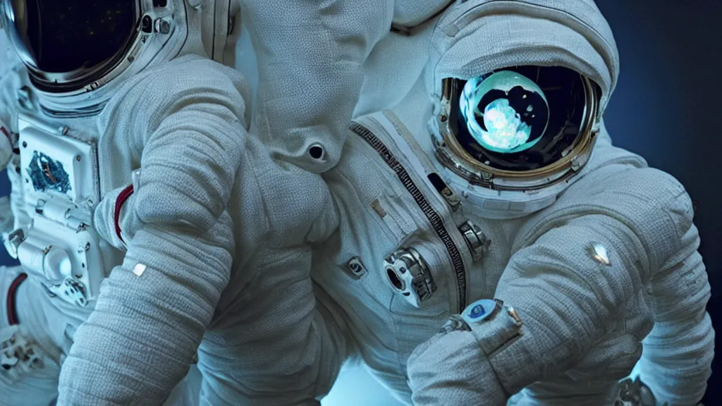 Image similar to a single astronaut eva suit made of diamond 3d fractal lace iridescent bubble 3d skin and covered with insectoid compound eye camera lenses floats through the living room, film still from the movie directed by Denis Villeneuve with art direction by Salvador Dalí, wide lens,