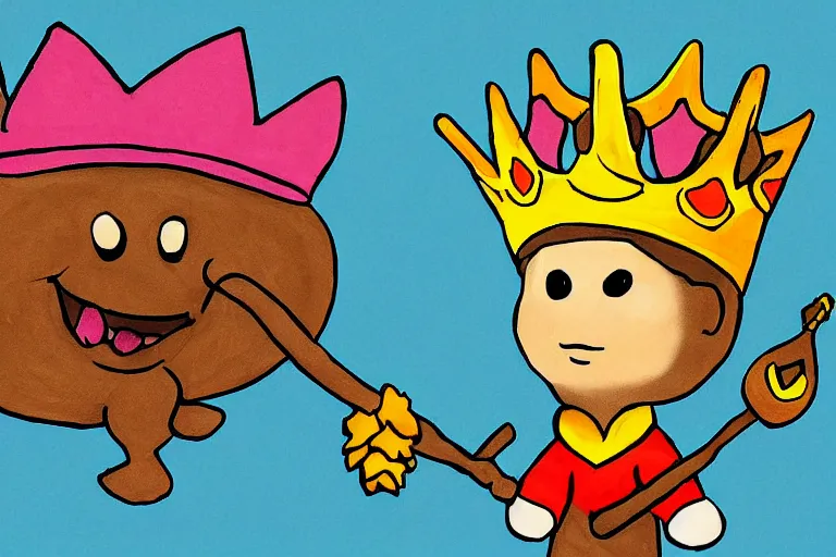 Image similar to cartoon pinto bean holding a staff, wearing kings crown, digital art,