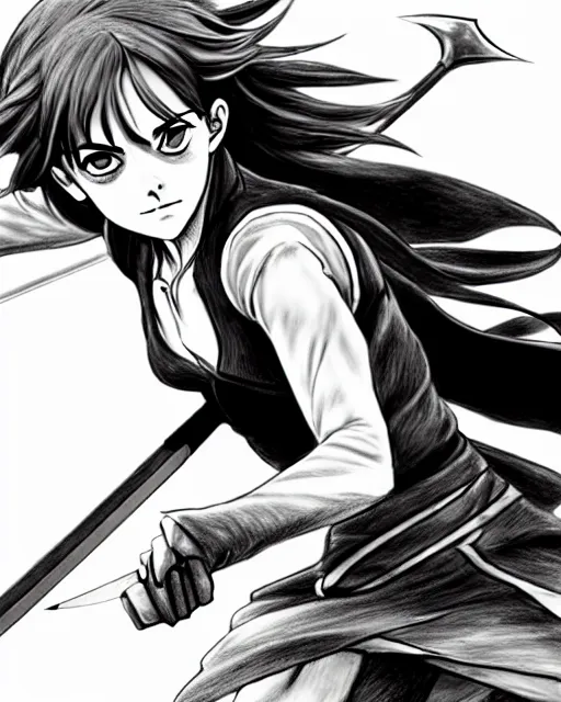 Prompt: a very detailed pencil drawing of emma watson in demon slayer manga panel 4 k, sword slash, high resolution, dynamic pose, landscape, hd, full body, action, sword, hyper realistic, manga, koyoharu gotouge, sakuga