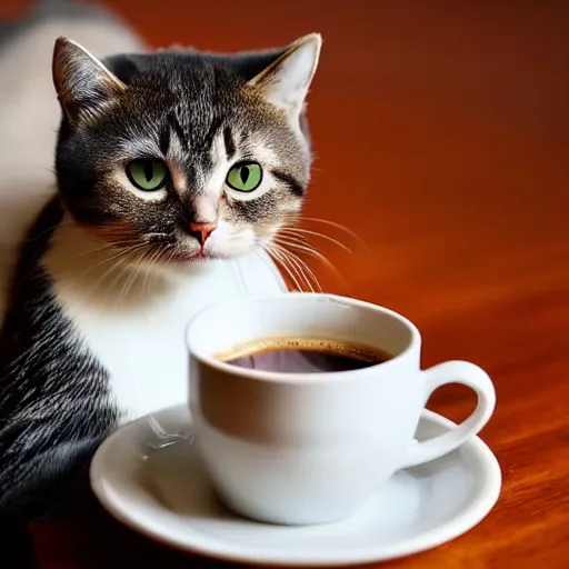 Image similar to a beautiful cat is drinking coffee