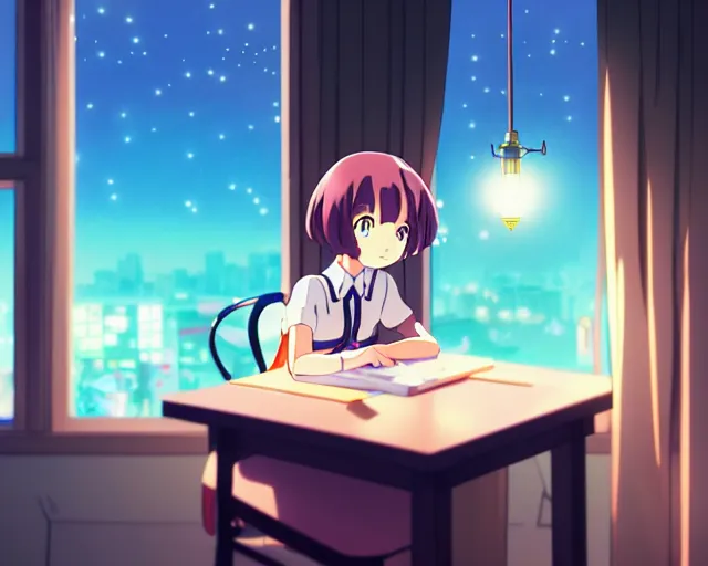 Image similar to anime fine details portrait of joyful school girl talk with robot in her room at the table, evening, lamp, lo-fi, open window, dark city landscape on the background deep bokeh, profile close-up view, anime masterpiece by Studio Ghibli. 8k, sharp high quality anime