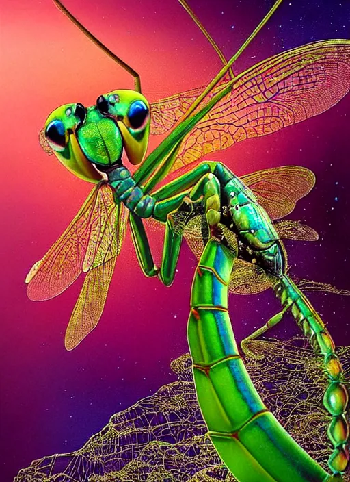 Prompt: hyper detailed 3d render like a Oil painting - kawaii portrait Aurora (gold haired Singer Praying Mantis Dragonfly) seen Eating of the Strangling network of yellowcake aerochrome and milky Fruit and Her compund eyes delicate Hands hold of gossamer polyp blossoms bring iridescent fungal flowers whose spores black the foolish stars by Jacek Yerka, Mariusz Lewandowski, Houdini algorithmic generative render, Abstract brush strokes, Masterpiece, Edward Hopper and James Gilleard, Zdzislaw Beksinski, Mark Ryden, Wolfgang Lettl, hints of Yayoi Kasuma, octane render, 8k