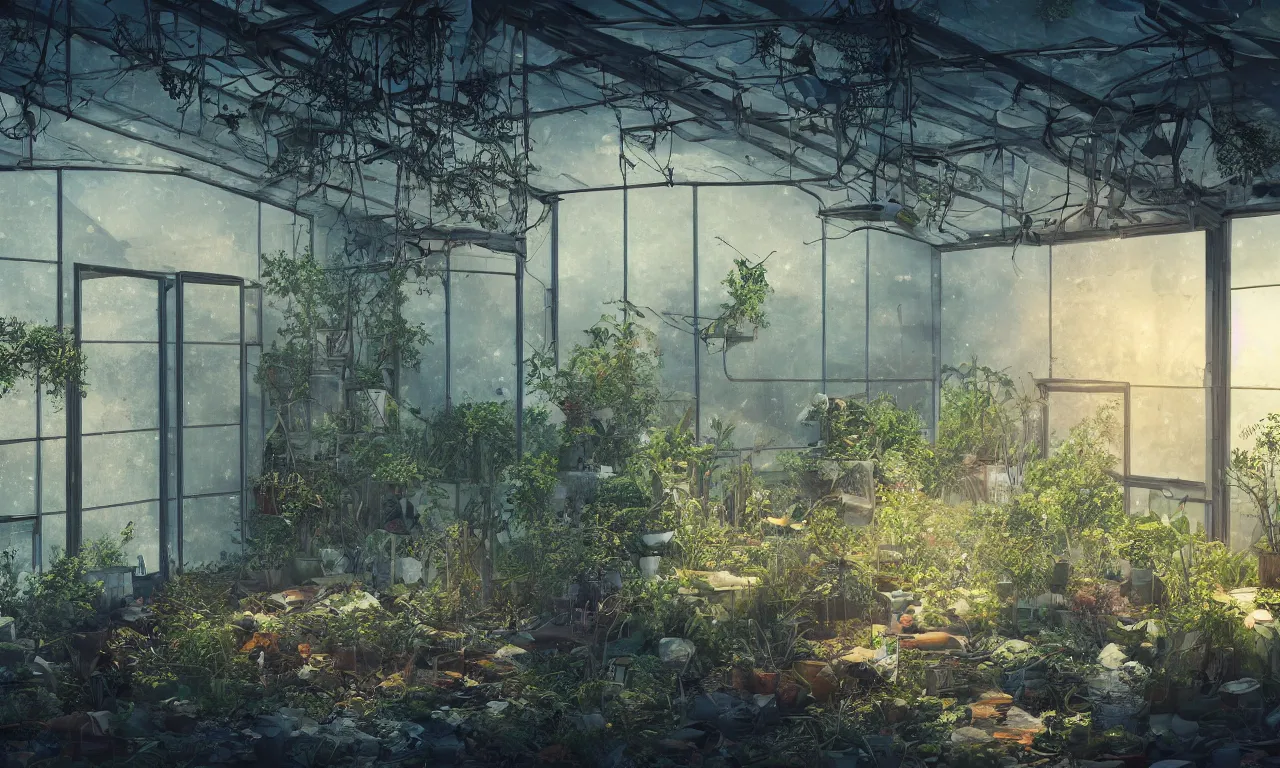 Image similar to broken greenhouse with dead plants at night time, table in the center, artstation, wallpaper, dark blue volumetric light.