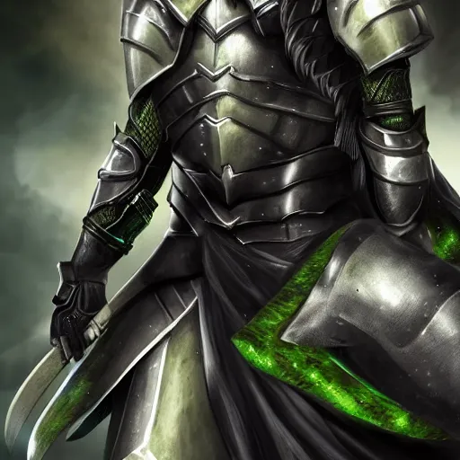 Prompt: male with black hair and green eyes wearing paladin armor, realistic, detailed eyes, detailed, 4k, illustration, muscle, handsome, fantasy