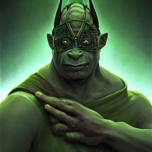 Image similar to “portrait of an orc (green skin) oracle wearing robes and a blindfold, D&D character, highly detailed, digital fantasy character painted portrait, artstation, concept art, sharp focus, illustration, art by artgerm and greg rutkowski and alphonse mucha and craig mullins and James Jean and Andrei Riabovitchev and Marc Simonetti and peter mohrbacher”