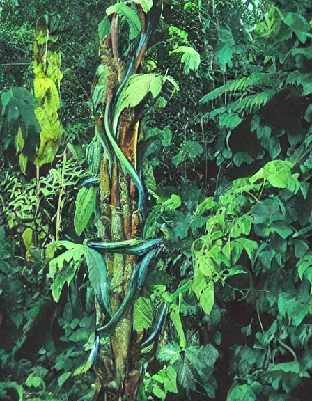 Image similar to vintage color photo of a 1 1 0 million years old abstract liquid gold sculpture covered by the jungle vines