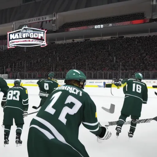 Prompt: Michigan state ice hockey wins national championship in NHL 22 video game, rendered in unreal engine 5