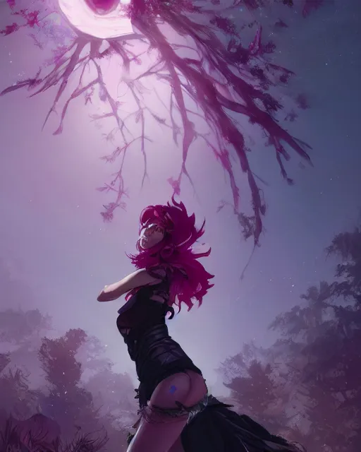 Prompt: a highly detailed digital art of A beautiful woman, with medium length magenta hair covering an eye, and a tall tree, and large obsidian crystals, cinematic lighting, dramatic atmosphere, by Dustin Nguyen, Akihiko Yoshida, Greg Tocchini, Greg Rutkowski, Cliff Chiang, 4k resolution, trending on artstation