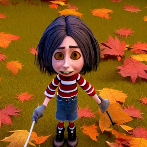 Image similar to a stopmotion animation character, a beautiful canadian woman, gardening, very attractive, some dark grey hair, stripey jumper, denim jeans, doc marten boots, canadian maple leaves, mountains, autumn, unreal engine 5, 8 k, kubo and the two strings, jan svankmayer, disney, pixar,