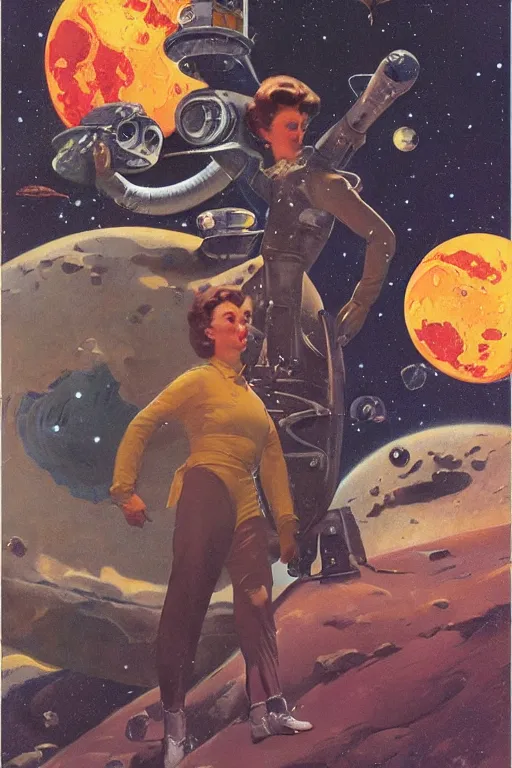 Prompt: 5 0 s pulp scifi fantasy illustration full body portrait slim woman on rocky mars, background of spaceship space nebula, by norman rockwell, roberto ferri, daniel gerhartz, edd cartier, jack kirby, howard v brown, ruan jia, tom lovell, frank r paul, jacob collins, dean cornwell, astounding stories, amazing, fantasy, other worlds