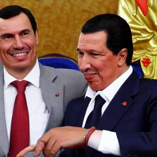 Image similar to spanish president pedro sanchez without a moustache wearing hugo chavez clothes