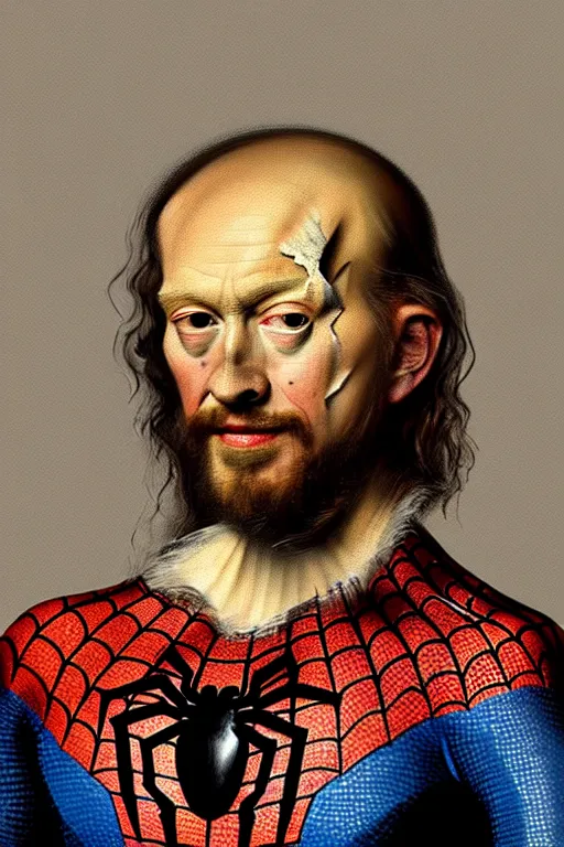 Prompt: high quality celebrity portrait of spider - man, painted by the old dutch masters, rembrandt, hieronymous bosch, frans hals, symmetrical detail