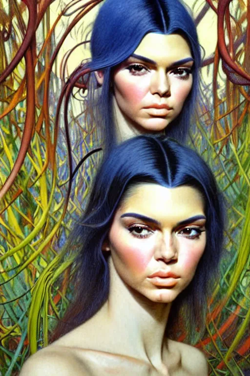 Image similar to realistic detailed face portrait painting of a beautiful kendall jenner with blond hair with sci-fi headwear, futuristic sci-fi forest on background by Jean Delville, Amano, Yves Tanguy, Alphonse Mucha, Edward Robert Hughes, Roger Dean, moebius, hilma af klint, rich moody colours, blue eyes