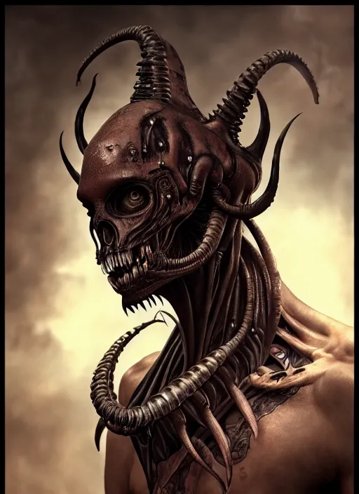 Image similar to ultra realistic, male human predator alien hybrid, fangs, goth, tattoos, leather, fantasy, flesh, bone, body horror, intricate details, eerie, highly detailed, octane render, 8 k, art by artgerm and alphonse mucha and greg rutkowski