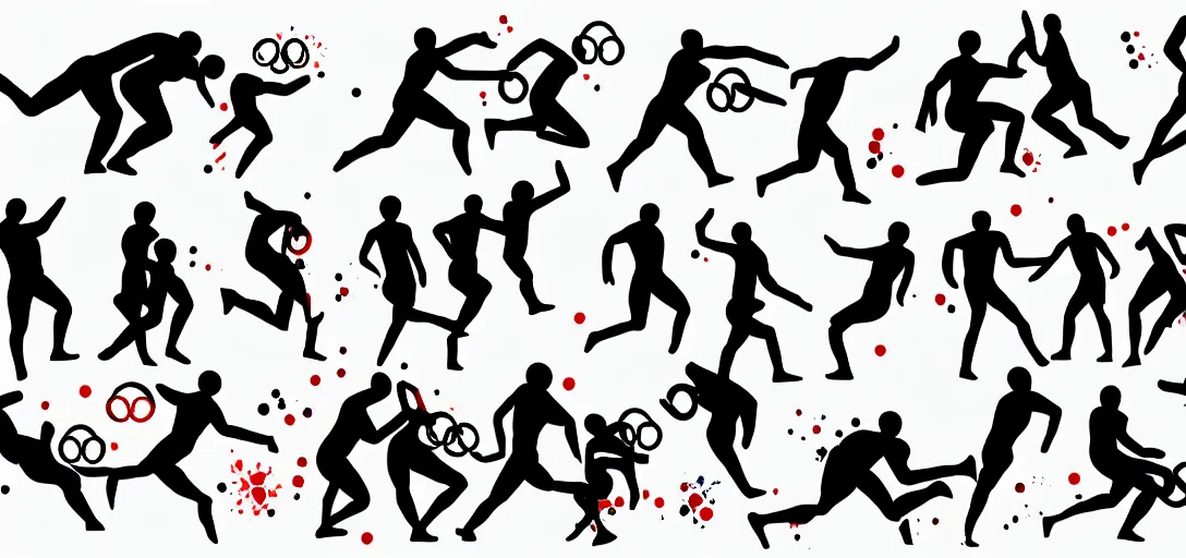 Image similar to multiple close interacting human figures as olympic icons, limbs scattered, explosions, splotches, concept art, illustration, transparency, sss, occlusion, high contrast, very long shadows, on white