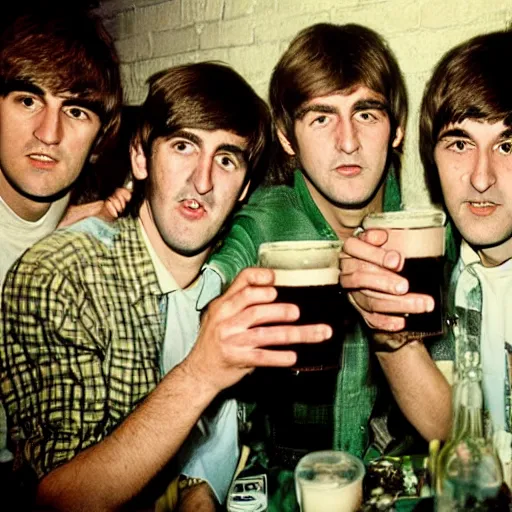 Prompt: The four Beatles drink beer in a 1980s underground club, graffiti on the walls, photo by annie leibovitz, shot on a Mamiya RZ67, 4k