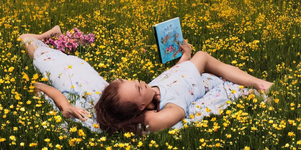 Image similar to a girl laying in a field of flowers reading a book, greg rutkowski, zabrocki, karlkka, jayison devadas, trending on artstation, 8 k, ultra wide angle, zenith view, pincushion lens effect