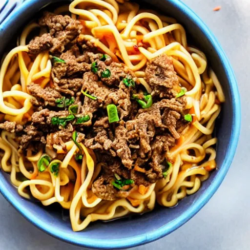 Image similar to a bowl of noodles with mixed beef sauce