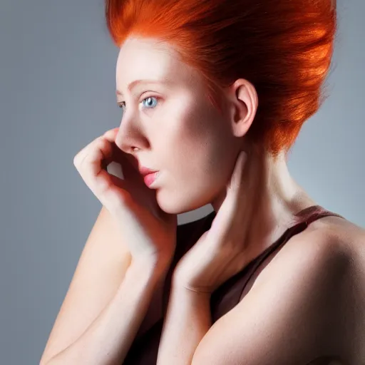 Image similar to portrait of a plain looking young white female model red hair and uneven skintone and a round shaped face