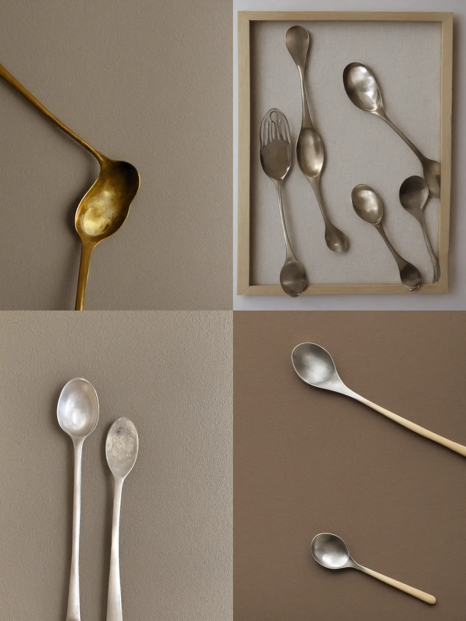 Prompt: framed picture of stainless steel spoon, late'9 0 s to early 2 0 0 0 s, beige to creme background