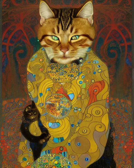 Prompt: cat meditation portrait an oil painting splashes with many colors and shapes by gustav klimt greg rutkowski and alphonse mucha, polycount, generative art, psychedelic, fractalism, glitch art