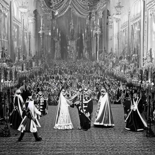 Prompt: Black and White photo of a Royal Procession, the Queen holding hands with the Devil, 4k, highly detailed, 1952