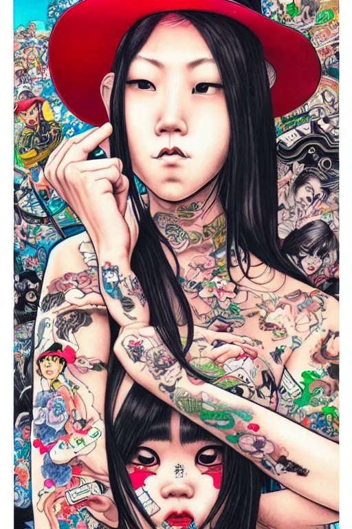 Image similar to full view of taiwanese girl with tattoos, wearing a cowboy hat, style of yoshii chie and hikari shimoda and martine johanna and will eisner, highly detailed