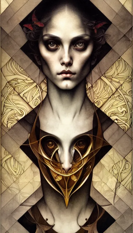 Prompt: M. C. Escher looking puzzled painted by tom bagshaw, mobius, mucha M. C. Escher, gold paint, ink, gnarly details