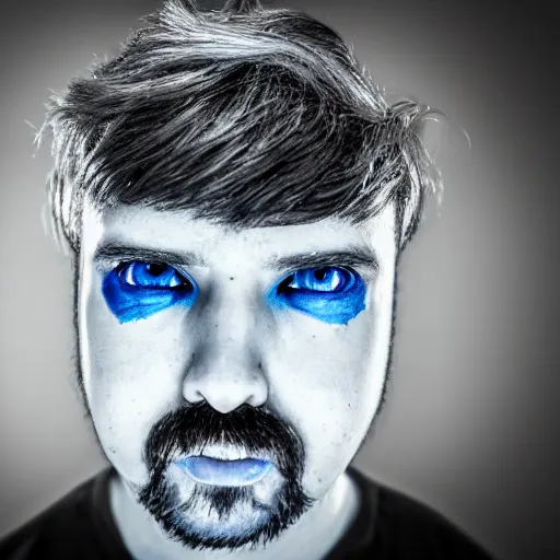 Image similar to fish eye lens close up photograph of a man with blue skin and a goatee side eyeing the camera with a sympathetic look