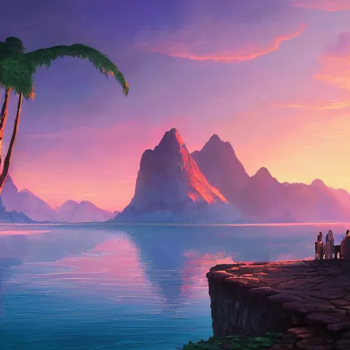 Image similar to matte painting of a beautiful lagoon from Uncharted games by Jordan Grimmer and Ken Sugimori, Trending on Artstation, digital Art, Octane Render, Pokemon anime, at dusk!!