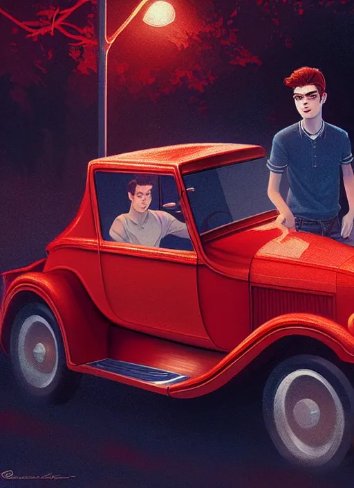 Image similar to closeup of teenage archie andrews, in a red ford model t, misty, atmospheric, riverdale, intricate, elegant, glowing lights, highly detailed, digital painting, artstation, sharp focus, illustration, art by wlop, mars ravelo and greg rutkowski