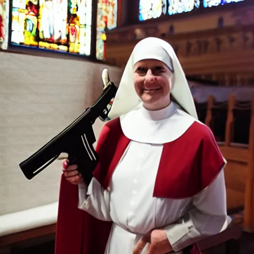 Image similar to a nun in church holding an ak 4 7