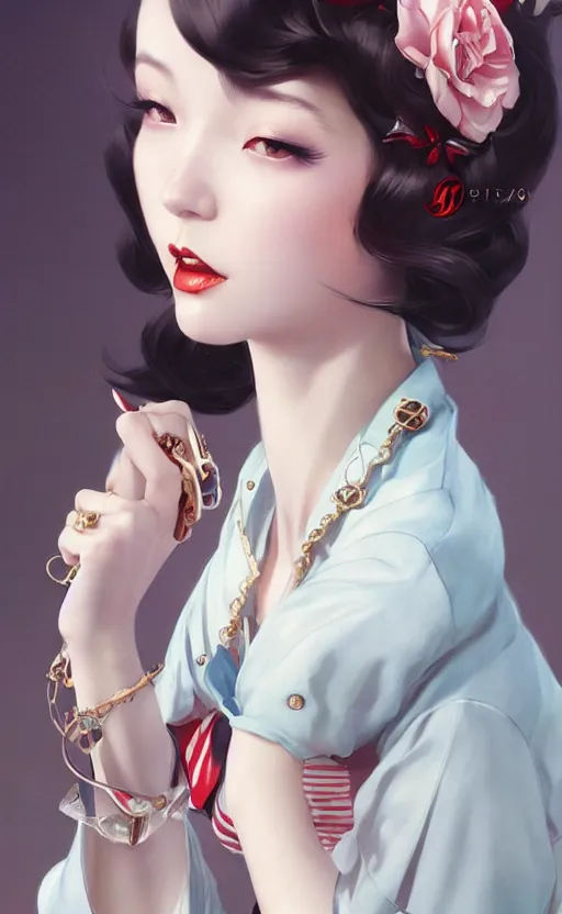 Image similar to a pin up and beautiful fashion and charming and dreamlke japan girl with lv jewelry, character art, art by artgerm lau and kyoung hwan kim and and ilya kuvshinov and john singer sargent, hyperdetailed, 8 k realistic, symmetrical, frostbite 3 engine, cryengine, dof, trending on artstation, digital art