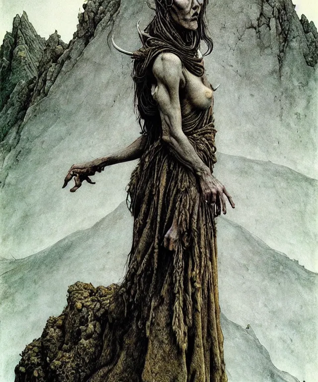 Image similar to A detailed horned goatwoman stands among the hills. Wearing a ripped mantle, robe. Perfect faces, extremely high details, realistic, fantasy art, solo, masterpiece, art by Zdzisław Beksiński, Arthur Rackham, Dariusz Zawadzki