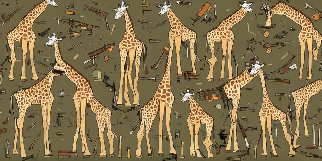 Image similar to giraffe army, holding guns and ammo, illustration, cartoon