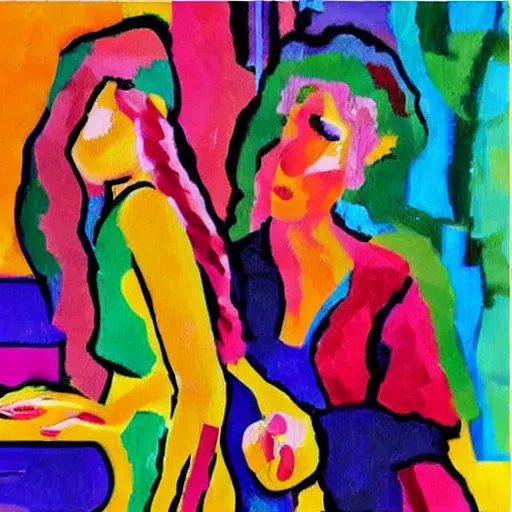 Prompt: “a woman plays the piano and her sister dances for joy, abstract art in the style of fauvism”