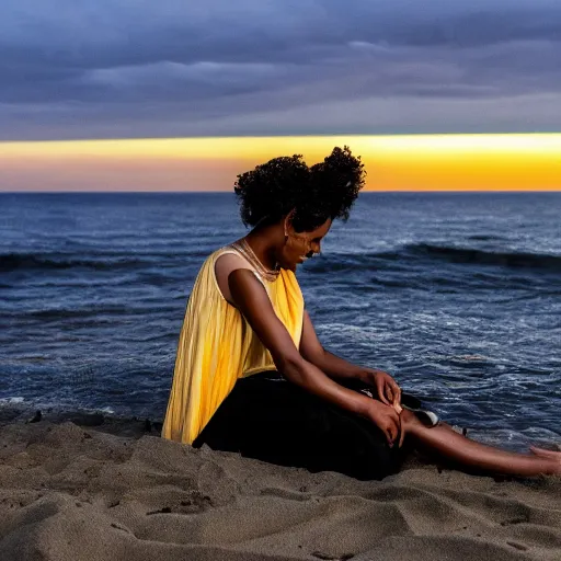 Image similar to a lightskin black woman photographer, taking photos at the beach, during sunset, with a bottle of liquor in her left hand, as a painting