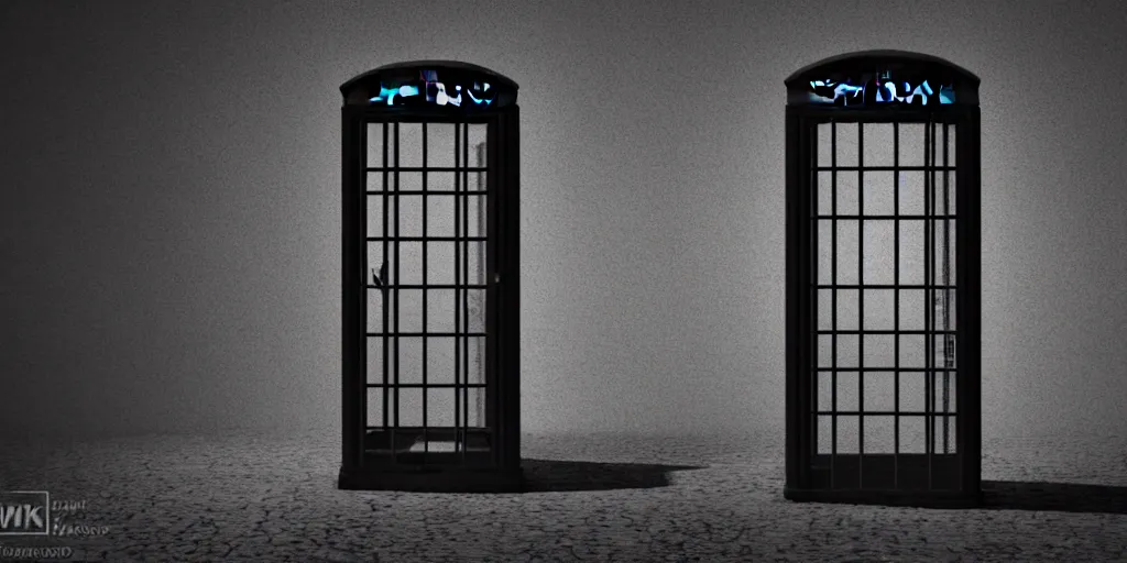 Image similar to a deserted telephone booth in the dark of the night, weird, haunted, misty, dark and evil, demonic, sinister, ambient lighting, 8 k render, hyper realistic, photo realistic, by wes anderson