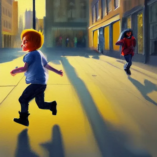 Prompt: kid with yellow boots running down the street, concept art, painting, highly detailed